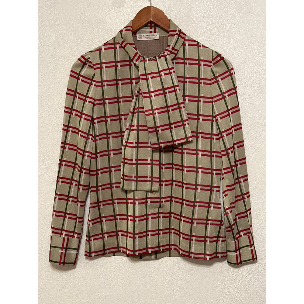 Vintage Kimberly Necktie Blouse S Green Red Geometric Print 70s Retro Mod